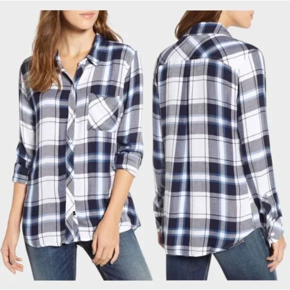 Rails Hunter Plaid Button Down Shirt White Navy Sapphire Casual Rayon Size S